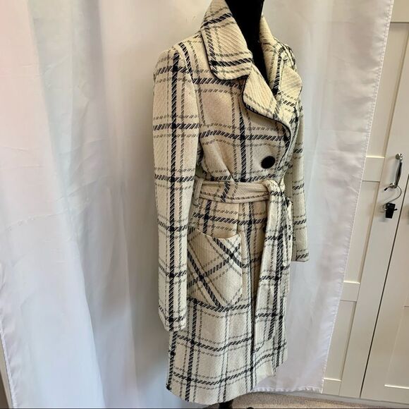 Adolfo cream black gray plaid check fall/winter coat size Medium - Picture 2 of 11